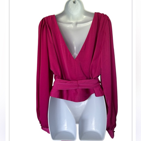 NWT Banana Republic Fuschia Wrap Top V Neck Balloon Sleeves Size 16 - Picture 3 of 9